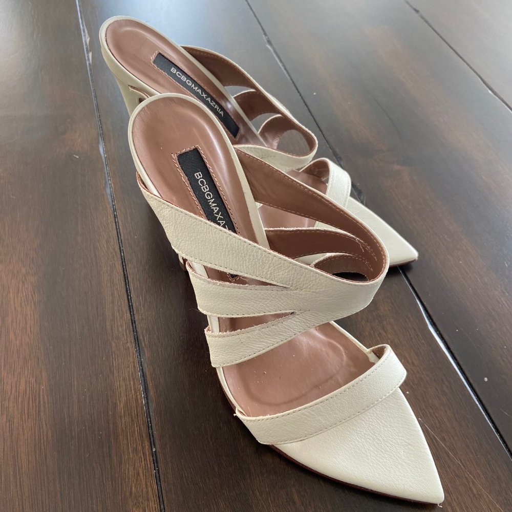 BCBGMAXAZRIA Alexa Leather High Heel White Slide Sandals